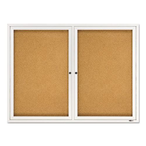 Enclosed Indoor Cork Bulletin Board With Two Hinged Doors, 48 X 36, Tan Surface, Silver Aluminum Frame