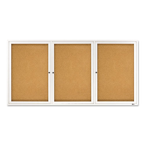 Enclosed Indoor Cork Bulletin Board With Three Hinged Doors, 72 X 36, Tan Surface, Silver Aluminum Frame