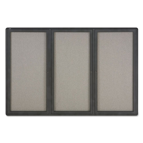 Enclosed Indoor Fabric Bulletin Board With Three Hinged Doors, 72 X 48, Gray Surface, Graphite Aluminum Frame