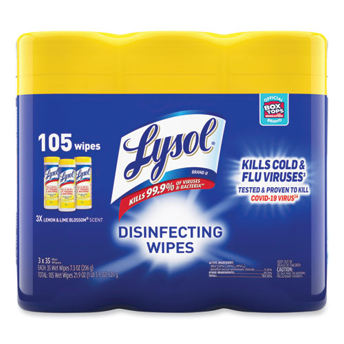 Disinfecting Wipes, 1-ply, 7 X 7.25, Lemon And Lime Blossom, White, 35 Wipes/canister, 3 Canisters/pack, 4 Packs/carton