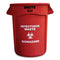 Vented Round Brute Container, "infectious Waste: Biohazard" Imprint, 32 Gal, Plastic, Red