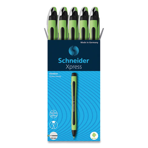 Xpress Fineliner Porous Point Pen, Stick, Medium 0.8 Mm, Black Ink, Black/green Barrel, 10/box