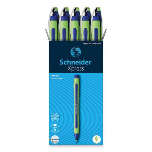 Xpress Fineliner Porous Point Pen, Stick, Medium 0.8 Mm, Blue Ink, Blue/green Barrel, 10/box