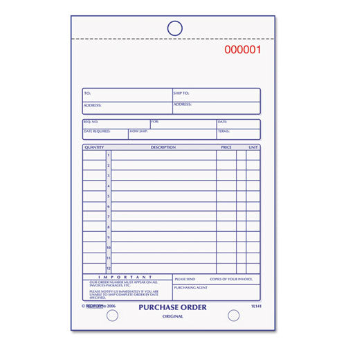 Purchase Order Book, 12 Lines, Three-part Carbonless, 5.5 X 7.88, 50 Forms Total