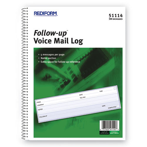 Follow-up Wirebound Voice Mail Log Book, One-part (no Copies), 7.5 X 2, 5 Forms/sheet, 500 Forms Total