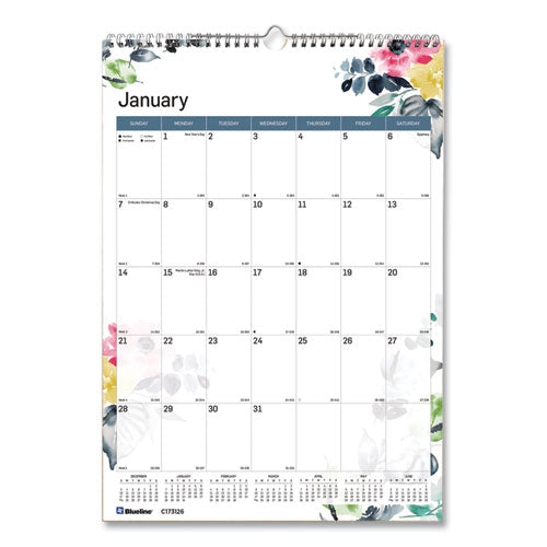 12-month Colorful Wall Calendar, Watercolor Floral Artwork, 12 X 17, White/multicolor Sheets, 12-month (jan To Dec): 2024
