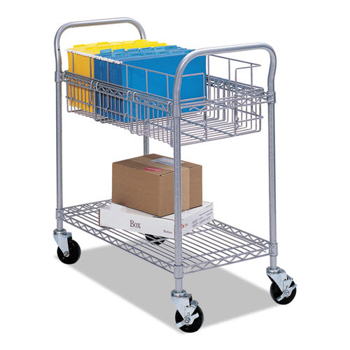 Dual-purpose Wire Mail And Filing Cart, Metal, 1 Shelf, 1 Bin, 26.75" X 18.75" X 38.5", Metallic Gray