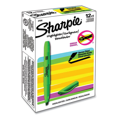 Pocket Style Highlighters, Fluorescent Green Ink, Chisel Tip, Green Barrel, Dozen