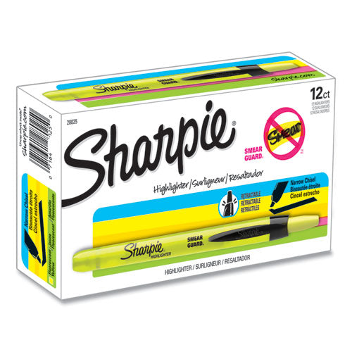 Retractable Highlighters, Fluorescent Yellow Ink, Chisel Tip, Yellow/black Barrel, Dozen