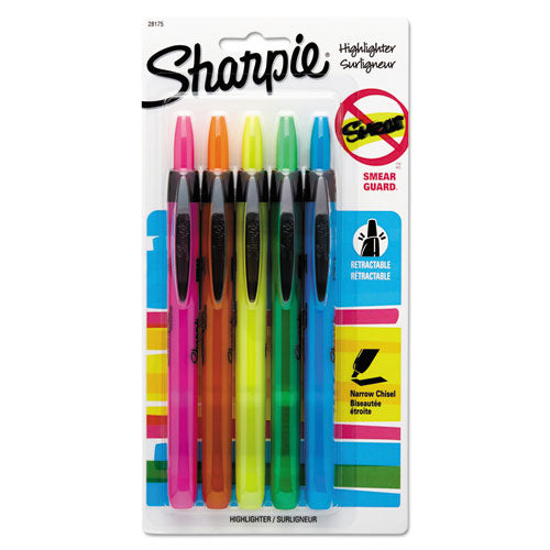 Retractable Highlighters, Assorted Ink Colors, Chisel Tip, Assorted Barrel Colors, 5/set