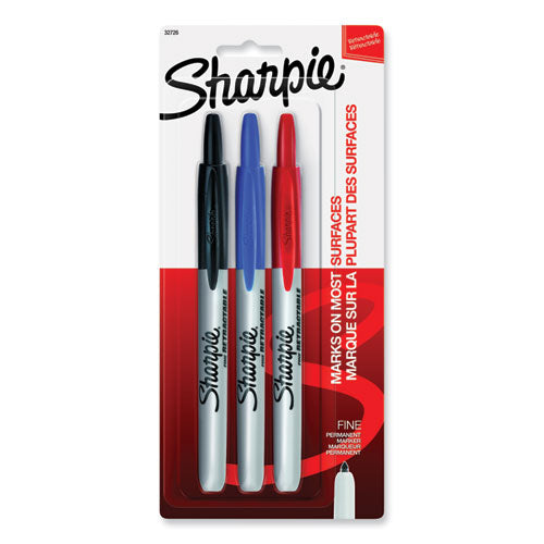 Retractable Permanent Marker, Fine Bullet Tip, Assorted Colors, 3/set