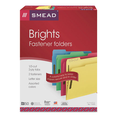 Top Tab Colored Fastener Folders, 0.75" Expansion, 2 Fasteners, Letter Size, Assorted Colors, 50/box