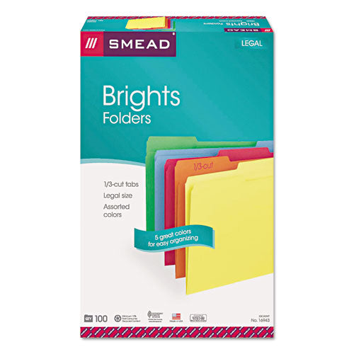 Colored File Folders, 1/3-cut Tabs: Assorted, Legal Size, 0.75" Expansion, Assorted Colors, 100/box