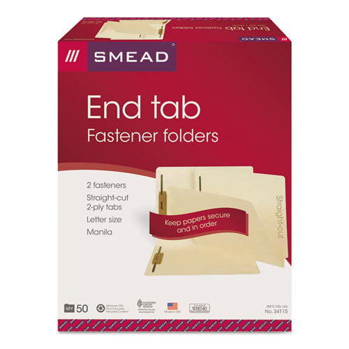 End Tab Fastener Folders With Reinforced Straight Tabs, 11-pt Manila, 2 Fasteners, Letter Size, Manila Exterior, 50/box