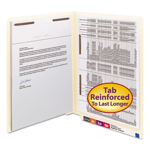 End Tab Fastener Folders With Reinforced Straight Tabs, 11-pt Manila, 2 Fasteners: Top/side, Letter Size, Manila, 50/box