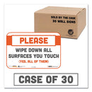 Besafe Messaging Repositionable Wall/door Signs, 9 X 6, Please Wipe Down All Surfaces You Touch, White, 30/carton