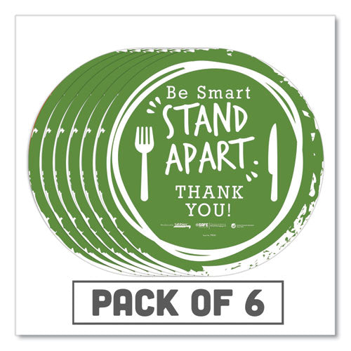 Besafe Messaging Floor Decals, Be Smart Stand Apart; Knife/fork; Thank You, 12" Dia., Green/white, 6/carton