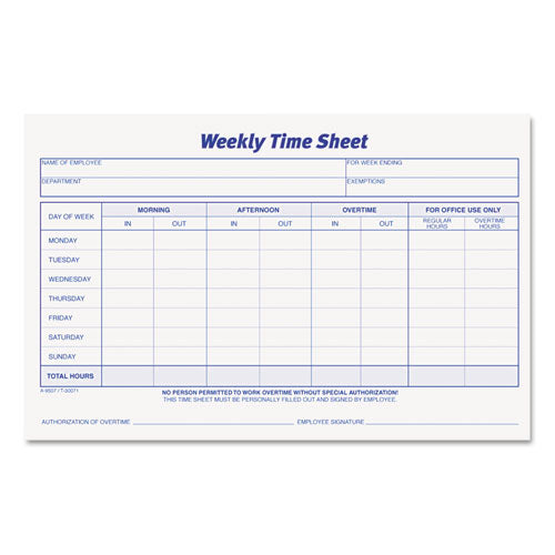 Weekly Time Sheets, One-part (no Copies), 8.5 X 5.5, 50 Forms/pad, 2 Pads/pack