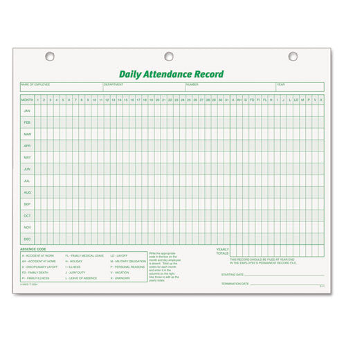 Daily Attendance Card, One-part (no Copies), 11 X 8.5, 50 Forms Total