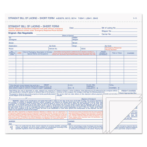 Hazardous Material Short Form, Four-part Carbonless, 8.5 X 7, 50 Forms Total