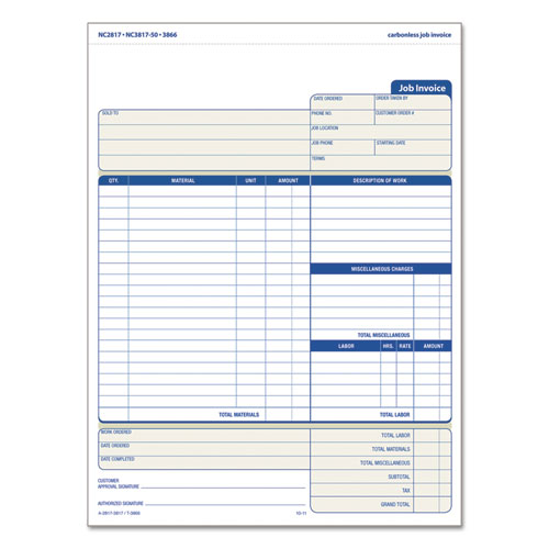 Job Invoice, Snap-off Triplicate Form, Three-part Carbonless, 8.5 X 11.63, 50 Forms Total