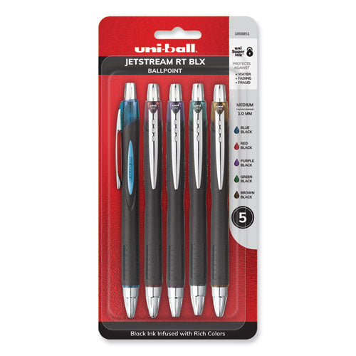 Jetstream Retractable Ballpoint Pen, 1 Mm, Assorted Ink, Black Barrel, 5/pack