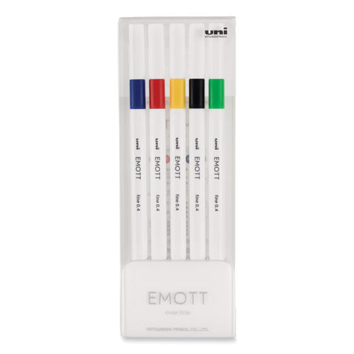 Emott Porous Point Pen, Stick, Fine 0.4 Mm, Assorted Ink Colors, White Barrel, 5/pack