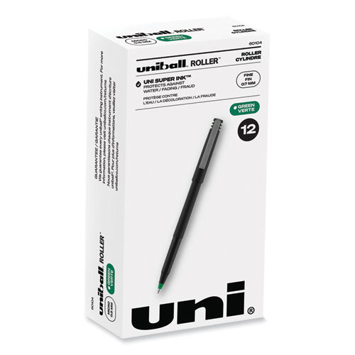 Roller Ball Pen, Stick, Fine 0.7 Mm, Green Ink, Black Matte Barrel, Dozen