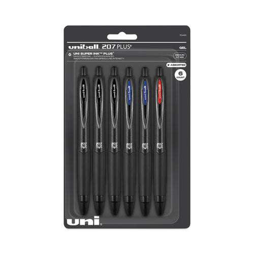 207 Plus+ Gel Pen, Retractable, Medium 0.7 Mm, Assorted Ink Colors, Black Barrel, 6/pack