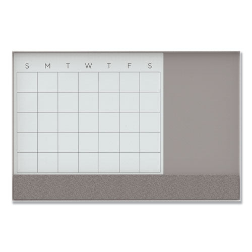 3n1 Magnetic Glass Dry Erase Combo Board, 47 X 35, Month View, Gray/white Surface, White Aluminum Frame