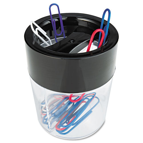 Round Magnetic Clip Dispenser, 2 Compartments, Plastic, 2.5" Diameter X 3"h, Black/clear