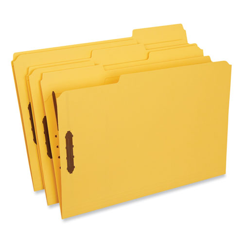 Deluxe Reinforced Top Tab Fastener Folders, 0.75" Expansion, 2 Fasteners, Legal Size, Yellow Exterior, 50/box