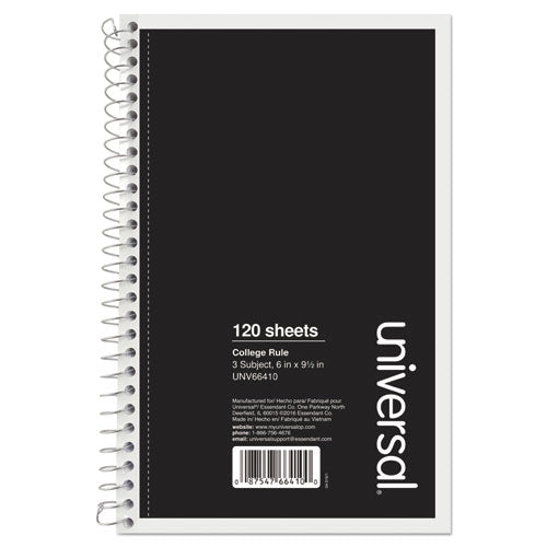 Wirebound Notebook, 3-subject, Medium/college Rule, Black Cover, (120) 9.5 X 6 Sheets