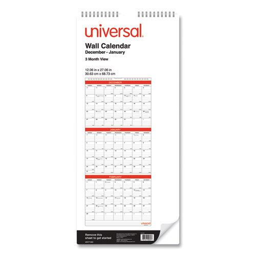 Three-month Wall Calendar, 12 X 27, White/black/red Sheets, 14-month, Dec 2023 To Jan 2025