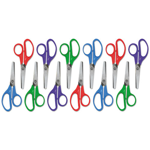 Kids' Scissors, Rounded Tip, 5" Long, 1.75" Cut Length, Assorted Straight Handles, 12/pack